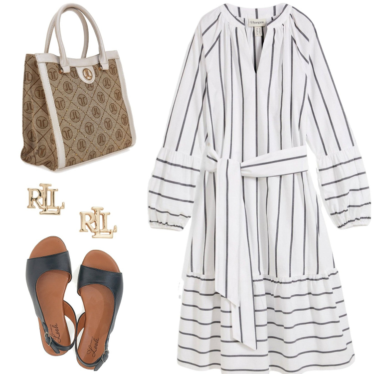 Outfit donna - Chemisier per il lavoro. Stile Casual chic per Ufficio. Abbinamento con vestiti midi/longuette, orecchini, sandali in pelle, borse a spalla.