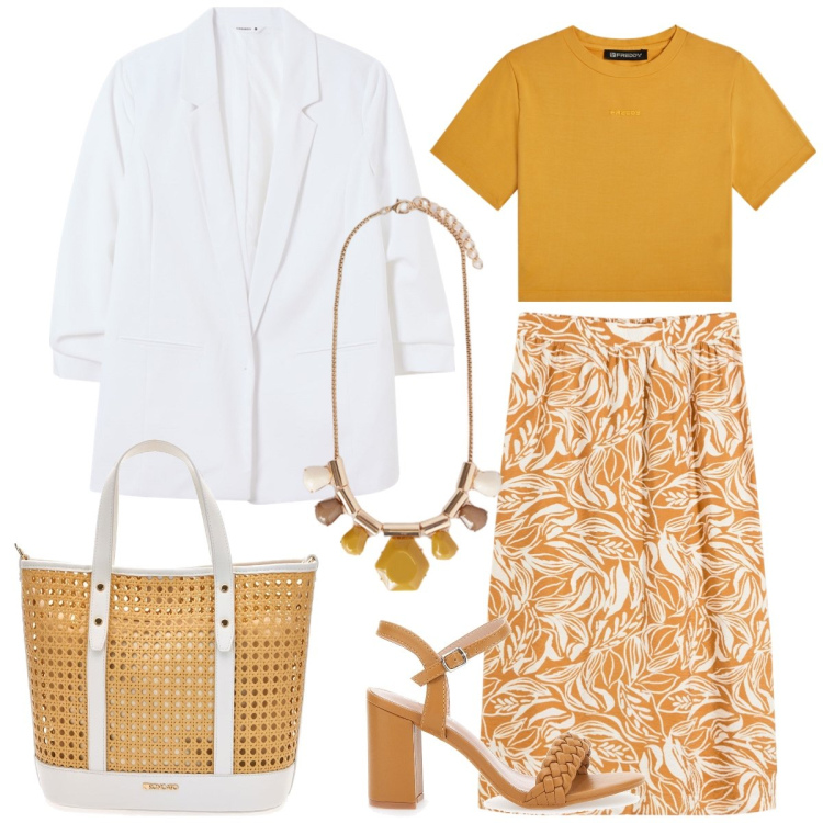 Outfit donna - In città. Stile Casual chic per Tutti i giorni. Abbinamento con gonne longuette, blazer, t-shirt, sandali col tacco, borse a spalla, collane.