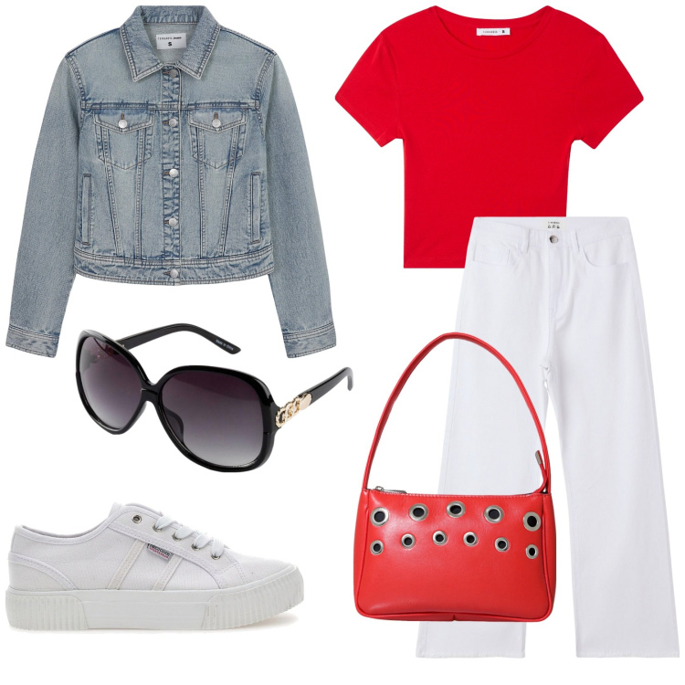 Outfit donna - Tempo libero. Stile Casual per Tutti i giorni. Abbinamento con occhiali da sole, t-shirt, pantaloni, blazer, borse a mano, sneakers.