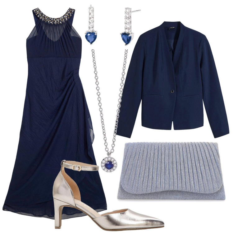 Outfit donna - Nozze in blu. Stile Chic per Cerimonia. Abbinamento con blazer, vestiti, décolleté, collane, orecchini, clutch.