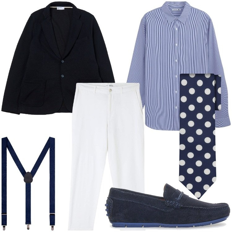 Outfit uomo - Bretelle e pois. Stile Business/Elegante per Ufficio. Abbinamento con pantaloni, camicie, giacche, scarpe stringate, cravatte, bretelle.