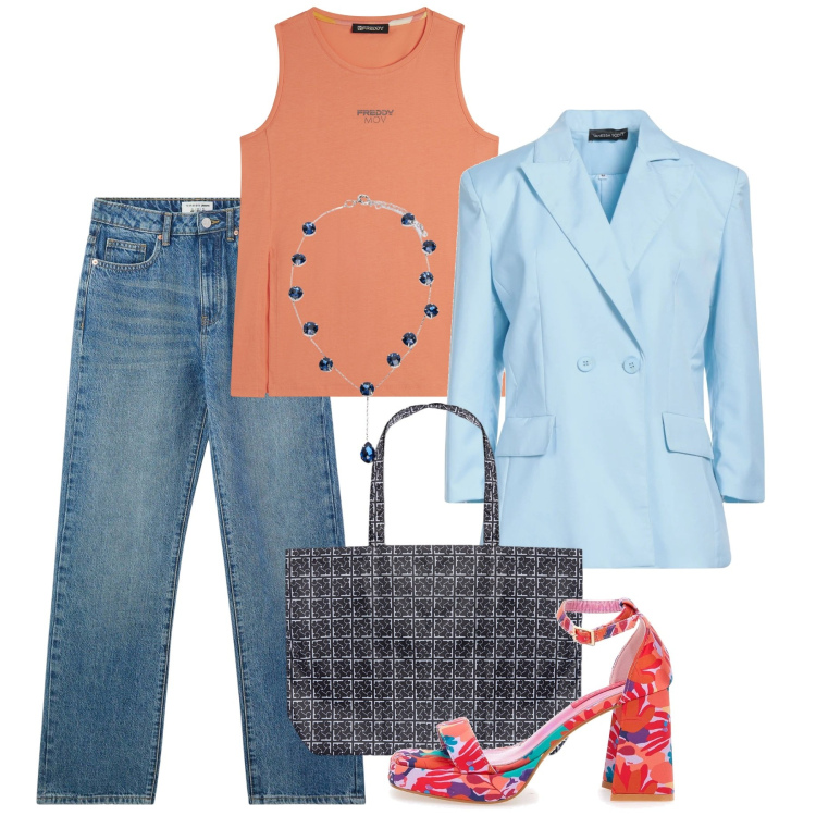 Outfit donna - Maggio. Stile Casual chic per Tutti i giorni. Abbinamento con blazer, jeans dritti, canottiere, shopping bag, sandali col tacco, collane.