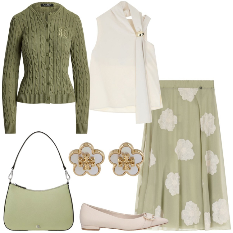 Outfit donna - Pomeriggio con le amiche. Stile Chic per Tutti i giorni. Abbinamento con ballerine, top, gonne longuette, borse a spalla, cardigans, orecchini.