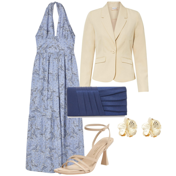 Outfit donna - Cerimonia polvere e beige. Stile Chic per Cerimonia. Abbinamento con blazer, vestiti, sandali col tacco, orecchini, pochette.