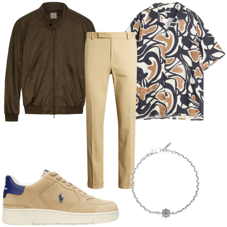 Outfit uomo - Total look #2129277. Stile Trendy per Tutti i giorni. Abbinamento con braccialetti, camicie a manica corta, pantaloni chino, sneakers, giacche.