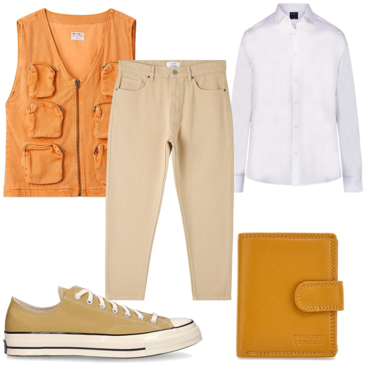 Outfit uomo - Total look #2129278. Stile Casual per Tutti i giorni. Abbinamento con gilet, pantaloni, camicie, portafogli, sneakers.