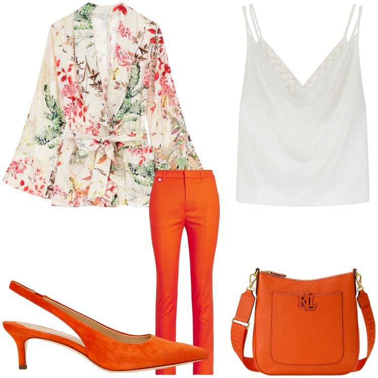 Outfit donna - Arancio chic. Stile Casual chic per Serata fuori. Abbinamento con blazer, canottiere, décolleté, borse a tracolla, pantaloni.
