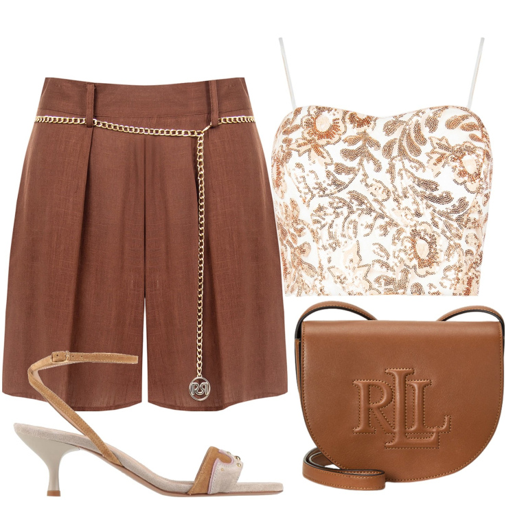 Outfit donna - Serata estiva con amici. Stile Casual chic per Serata fuori. Abbinamento con sandali in pelle, shorts, top, borse a tracolla.
