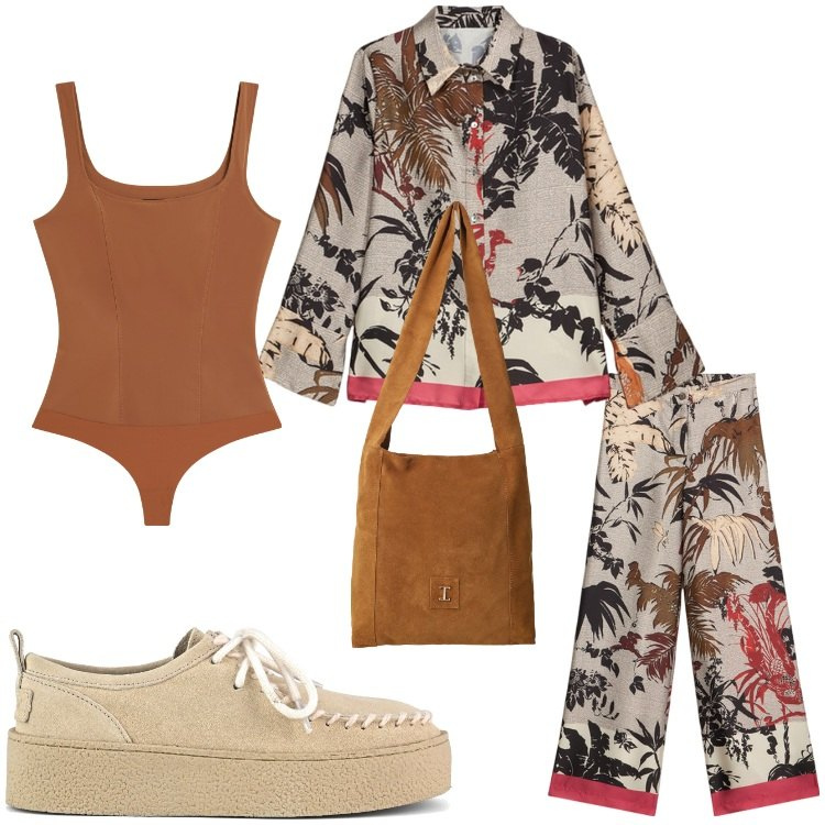 Outfit donna - Esotica. Stile Casual chic per Tutti i giorni. Abbinamento con borse a tracolla, body, mocassini, pantaloni a palazzo, camicie.
