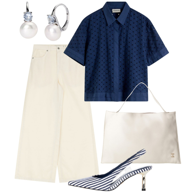 Outfit donna - Maggio. Stile Casual chic per Tutti i giorni. Abbinamento con camicie, borse a spalla, jeans, orecchini, décolleté.