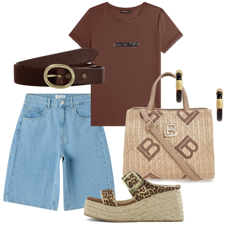 Outfit donna - Casual brown. Stile Casual per Tutti i giorni. Abbinamento con bermuda, t-shirt, cinture, orecchini, zeppe, borse a tracolla.