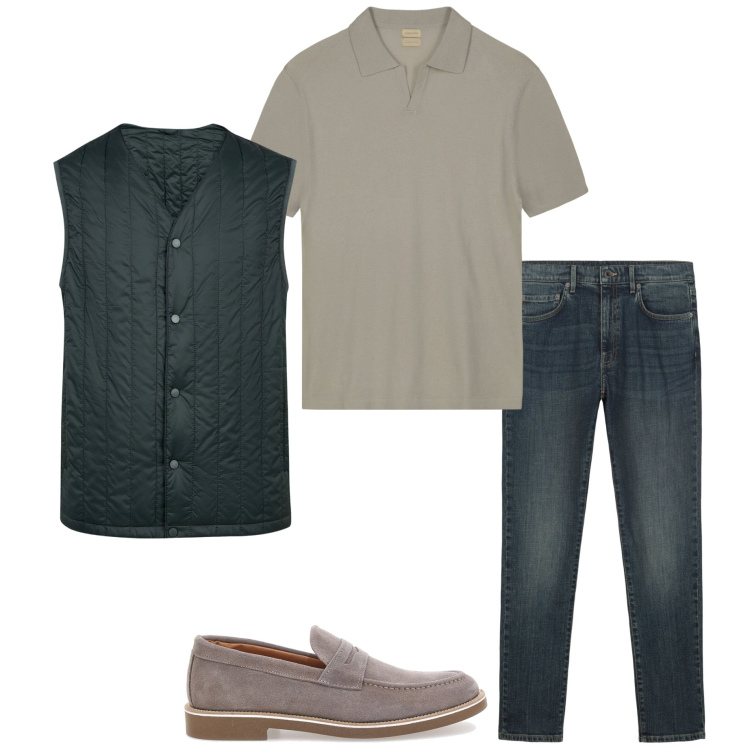 Outfit uomo - Smanicato. Stile Casual per Tutti i giorni. Abbinamento con polo, scarpe stringate, piumini, jeans.