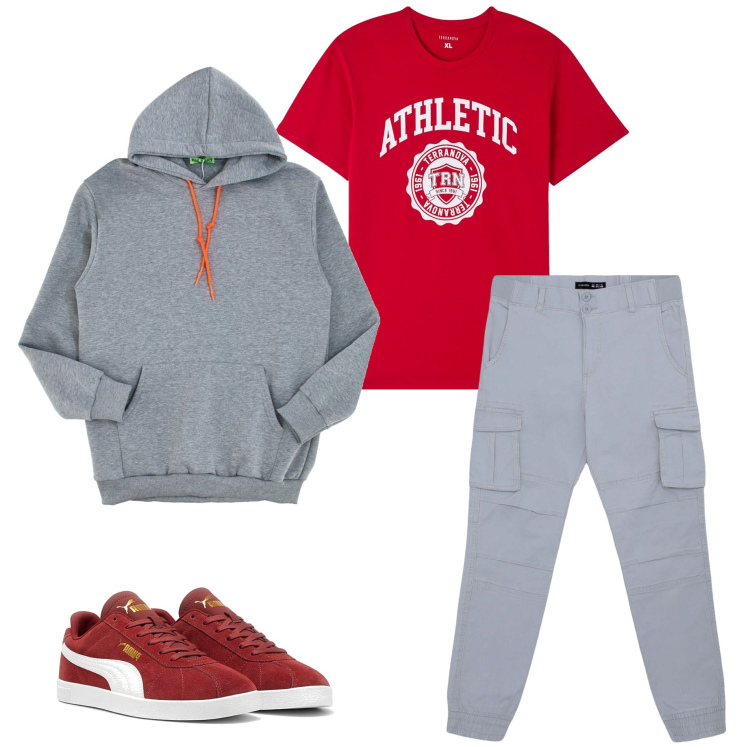 Outfit uomo - Giornata relax. Stile Casual per Tutti i giorni. Abbinamento con t-shirt, pantaloni cargo, sneakers, felpe con cappuccio.