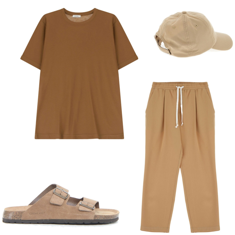 Outfit uomo - Passeggiata sul lungomare. Stile Casual per Tutti i giorni. Abbinamento con t-shirt, pantaloni, cappelli, sandali.