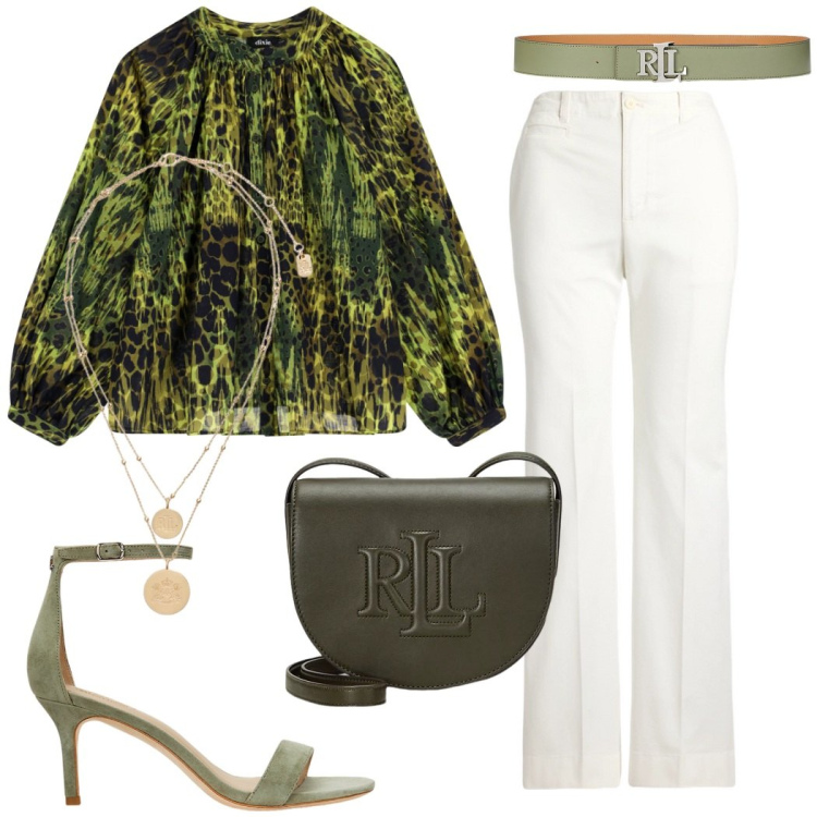 Outfit donna - Giungla cittadina. Stile Casual chic per Serata fuori. Abbinamento con camicie, ciondoli, pantaloni, borse a tracolla, cinture, sandali in pelle.
