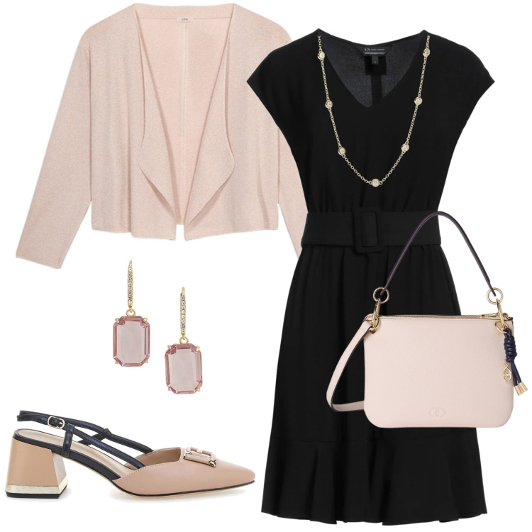 Outfit donna - Cerimonia informale. Stile Chic per Cerimonia. Abbinamento con vestiti corti, collane, orecchini, décolleté, borse a tracolla, cardigans.