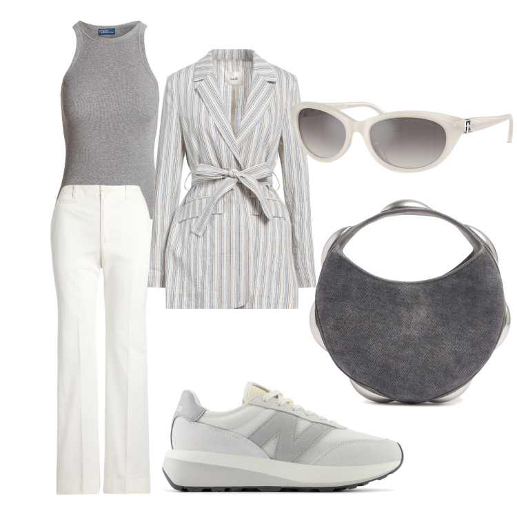 Outfit donna - Giacca a righe. Stile Basic per Ufficio. Abbinamento con blazer, sneakers, canottiere, pantaloni, occhiali da sole, borse a mano.