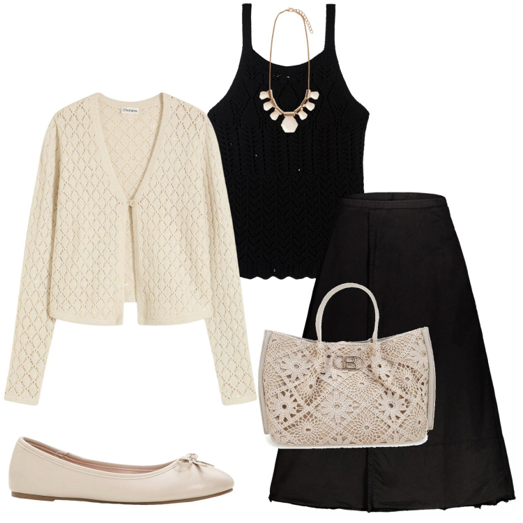 Outfit donna - Nero e avorio. Stile Casual chic per Tutti i giorni. Abbinamento con ballerine, cardigans, top, gonne lunghe, borse a tracolla, collane.