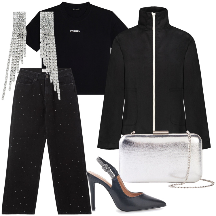 Outfit donna - Tshirt felpa ma jeans e resto luccicante. Stile Sporty chic per Serata fuori. Abbinamento con pochette, orecchini, blazer, jeans, t-shirt, décolleté.