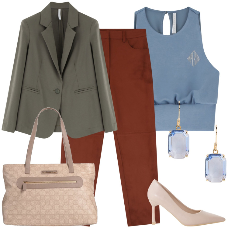 Outfit donna - Tailleur spezzato Imperial. Stile Urban per Ufficio. Abbinamento con borse a mano, top, décolleté, blazer, pantaloni chino, orecchini.