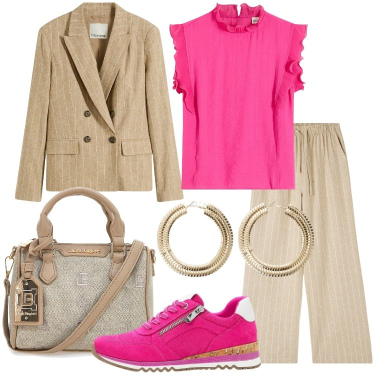 Outfit donna - Sneakers al lavoro. Stile Casual chic per Ufficio. Abbinamento con blazer, bluse, sneakers, pantaloni, orecchini, borse a tracolla.