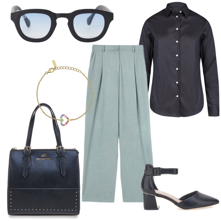 Outfit donna - Ritorno al lavoro. Stile Urban per Ufficio. Abbinamento con braccialetti, occhiali da sole, camicie, décolleté, borse a mano, pantaloni a palazzo.