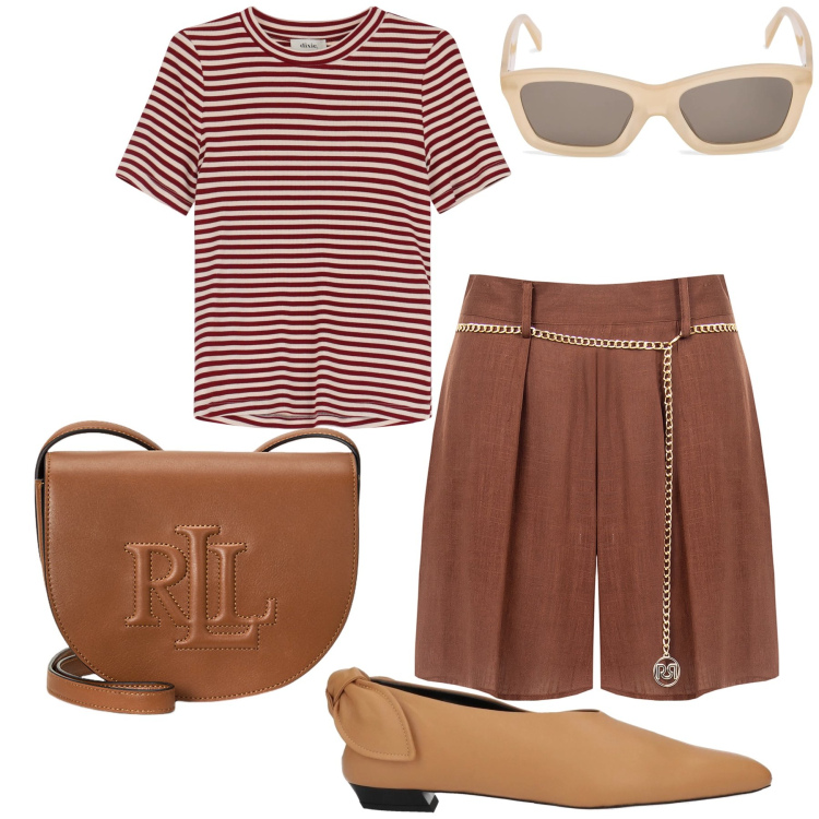 Outfit donna - Gelato al cioccolato. Stile Bon Ton per Tutti i giorni. Abbinamento con ballerine, shorts, t-shirt, borse a tracolla, occhiali da sole.