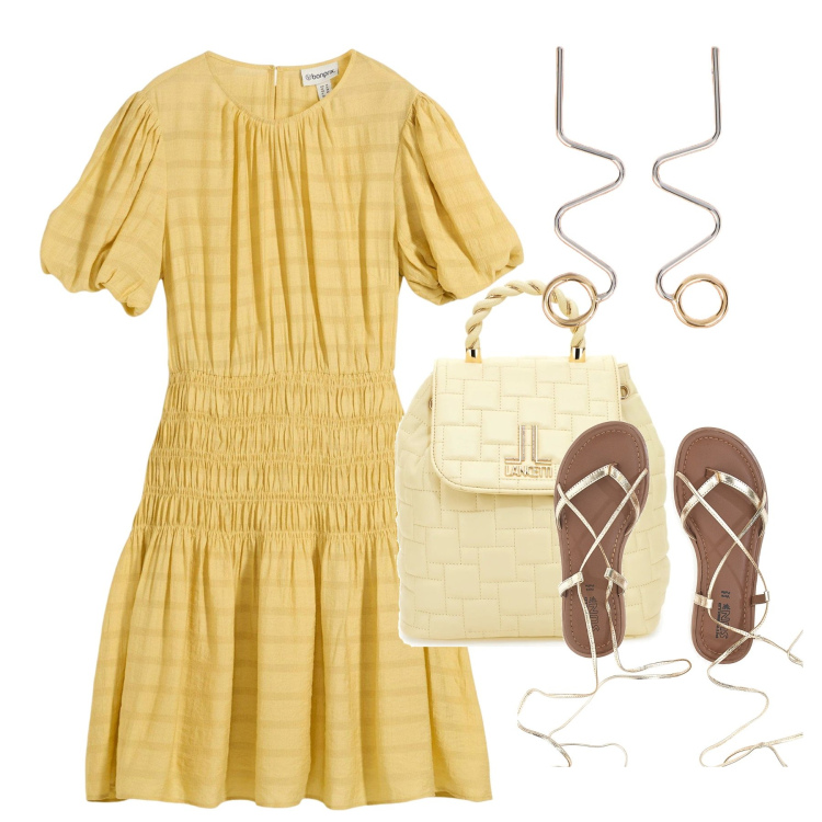 Outfit donna - Ocra e oro. Stile Romantica per Tutti i giorni. Abbinamento con vestiti corti, zaini, sandali alla schiava, orecchini.