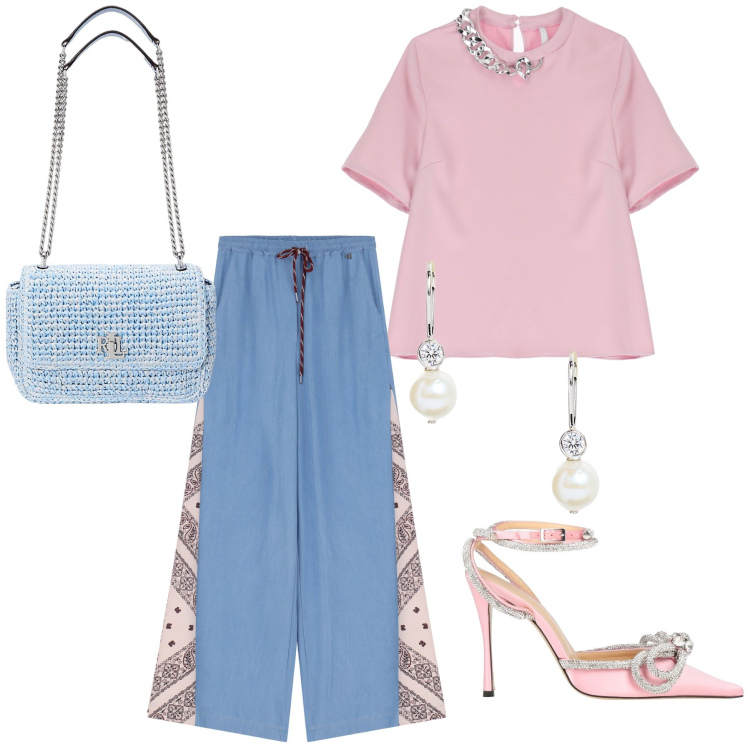 Outfit donna - Jeans a palazzo per la sera. Stile Bon Ton per Serata fuori. Abbinamento con décolleté, t-shirt, jeans, orecchini, borse a spalla.