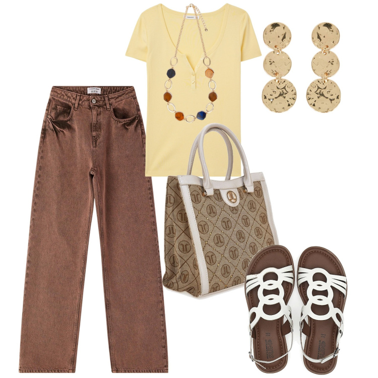Outfit donna - Maggio. Stile Casual chic per Tutti i giorni. Abbinamento con t-shirt, jeans, sandali, collane, borse a spalla, orecchini.