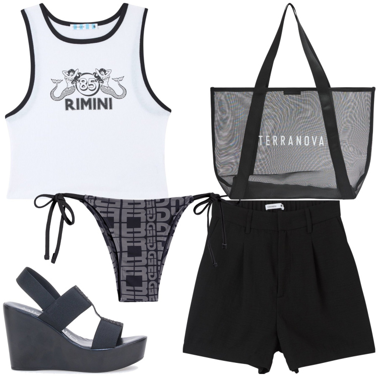 Outfit donna - Rimini Rimini. Stile Trendy per Mare. Abbinamento con canottiere, bermuda, shopping bag, bikini, sandali col tacco.