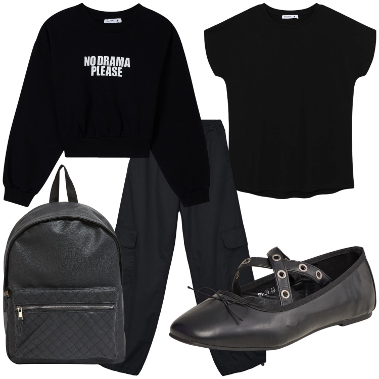 Outfit donna - Terranova forever. Stile Basic per Tutti i giorni. Abbinamento con pantaloni cargo, felpe, ballerine, t-shirt, zaini.