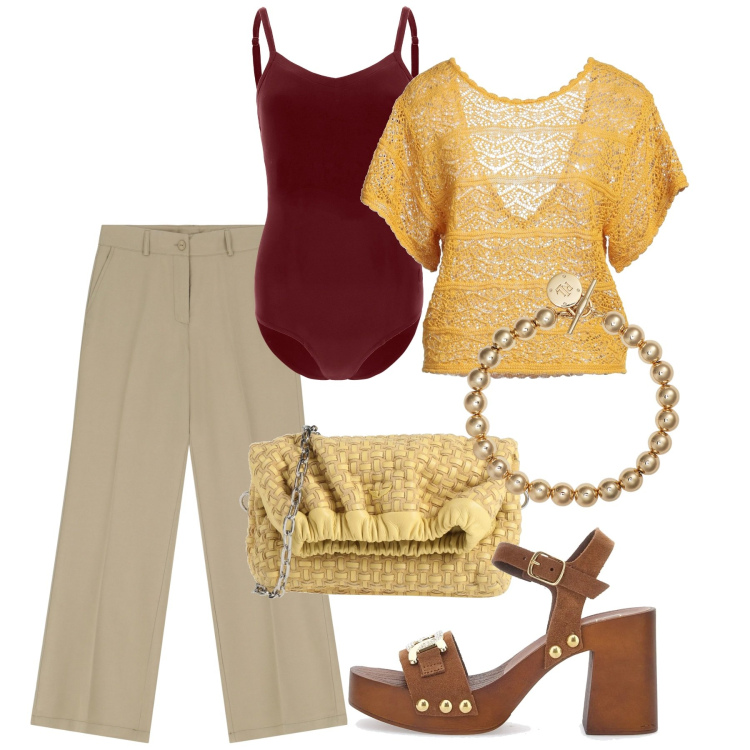 Outfit donna - Maggio. Stile Chic per Tutti i giorni. Abbinamento con borse a tracolla, pullovers, pantaloni, body, braccialetti, zoccoli.