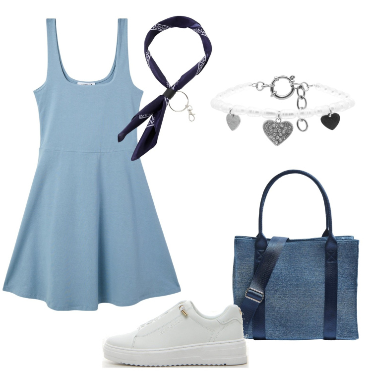 Outfit donna - Total look #2129368. Stile Sporty chic per Tutti i giorni. Abbinamento con vestiti corti, shopping bag, braccialetti, foulard, sneakers.