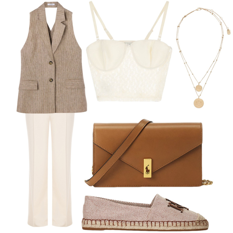 Outfit donna - Il pizzo di giorno. Stile Casual chic per Ufficio. Abbinamento con pantaloni, top, ciondoli, clutch, espadrillas, gilet.