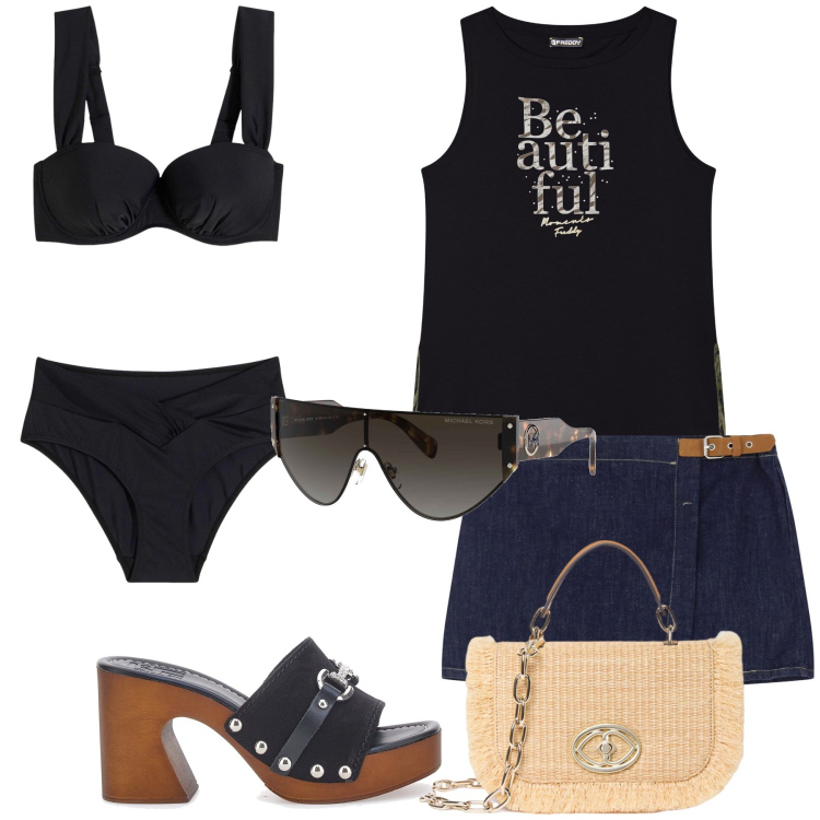 Outfit donna - Beautiful sea. Stile Trendy per Mare. Abbinamento con bikini, occhiali da sole, minigonne, canottiere, zoccoli, borse a tracolla.