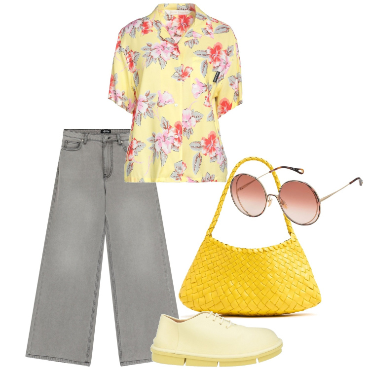 Outfit donna - Maggio. Stile Basic per Tutti i giorni. Abbinamento con camicie a manica corta, scarpe stringate, occhiali da sole, jeans, borse a spalla.
