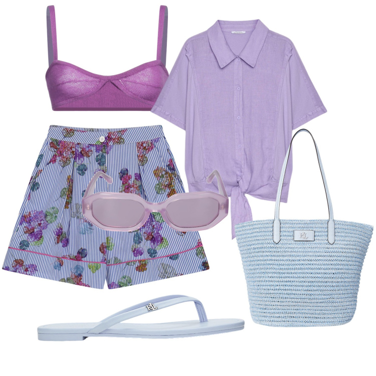 Outfit donna - Granita per tutti. Stile Romantica per Mare. Abbinamento con top, shorts, borse tote, ciabatte, camicie, occhiali da sole.