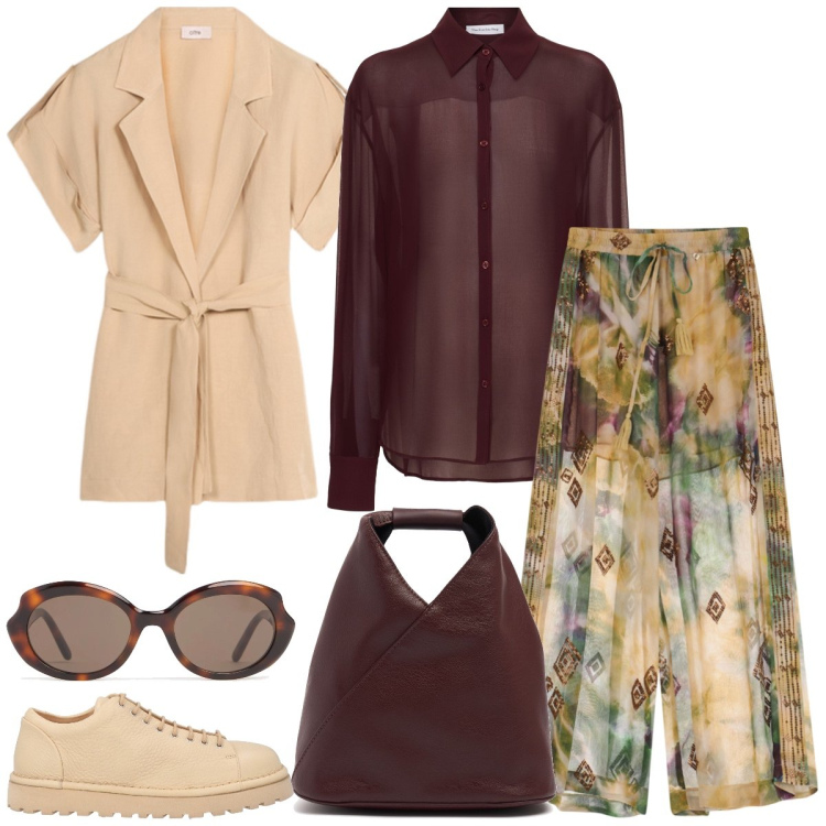 Outfit donna - Tempo libero. Stile Casual chic per Tutti i giorni. Abbinamento con scarpe stringate, pantaloni a palazzo, occhiali da sole, camicie, blazer, borse a tracolla.