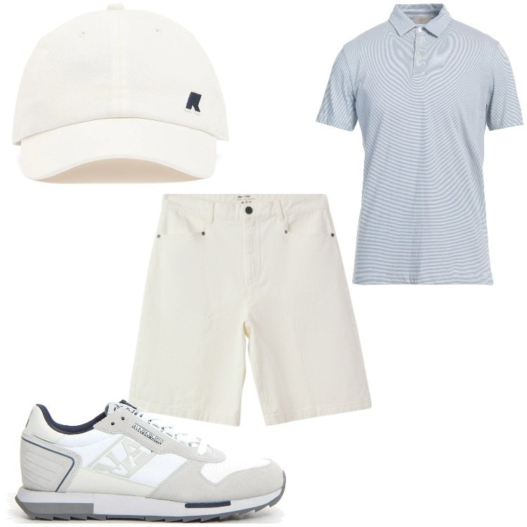 Outfit uomo - Passeggiata sotto il primo sole. Stile Casual per Tutti i giorni. Abbinamento con polo, bermuda, cappelli, sneakers.