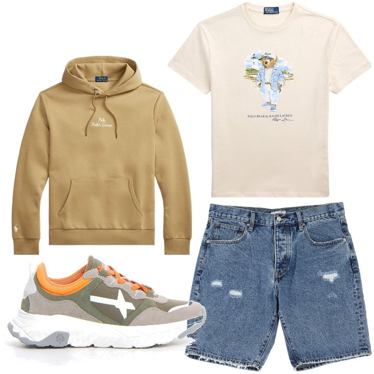 Outfit uomo - Peter Pan. Stile Casual per Tutti i giorni. Abbinamento con bermuda, felpe con cappuccio, t-shirt, sneakers.