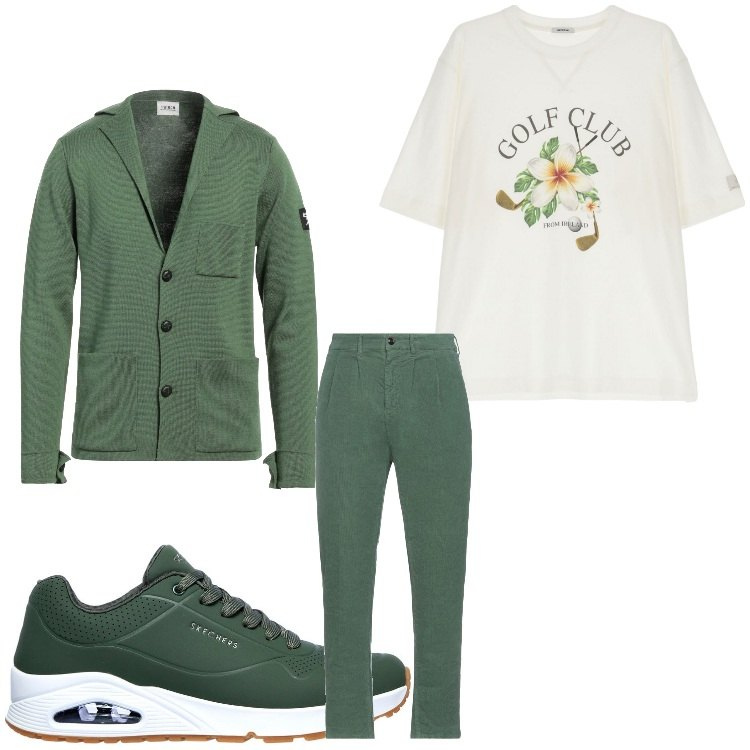 Outfit uomo - Fiori e verde. Stile Casual per Serata speciale. Abbinamento con pantaloni, giacche, t-shirt, sneakers.