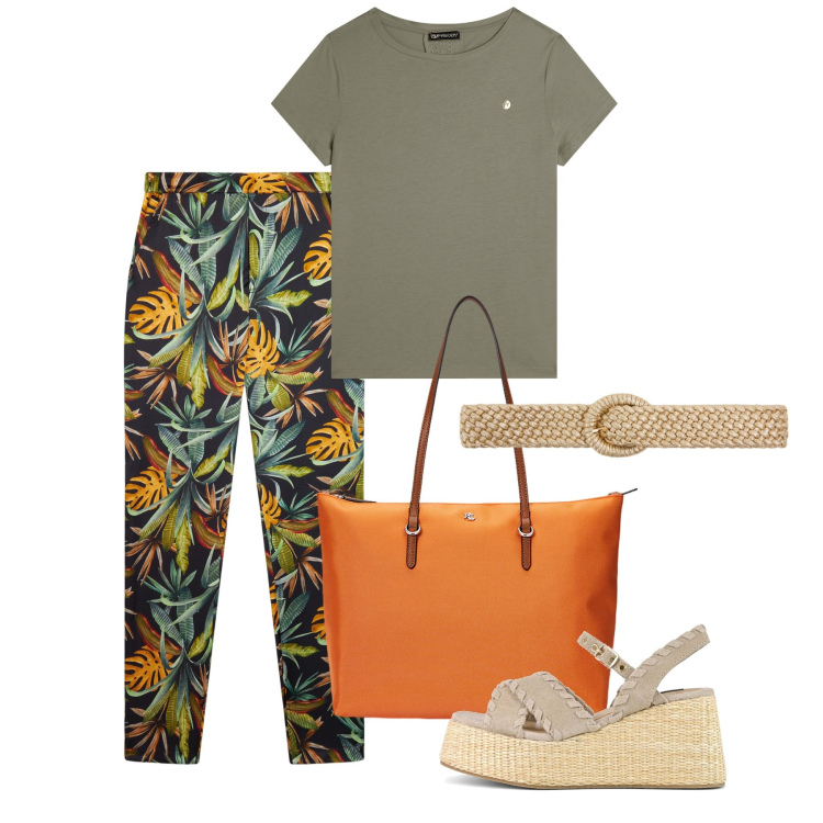 Outfit donna - Giungla cittadina - @pamela. Stile Casual per Tutti i giorni. Abbinamento con cinture, pantaloni, t-shirt, borse tote, zeppe.