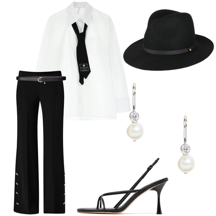 Outfit donna - Woman mannish. Stile Mannish per Serata fuori. Abbinamento con cappelli, pantaloni a palazzo, camicie, cinture, orecchini, sandali in pelle.