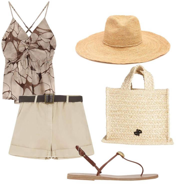 Outfit donna - A piedi nudi nel parco. Stile Minimal per Tutti i giorni. Abbinamento con borse a mano, infradito, canottiere, shorts, cappelli.