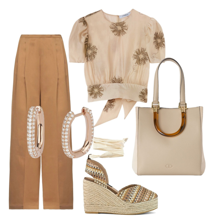 Outfit donna - Total look #2129407. per Tutti i giorni. Abbinamento con pantaloni, orecchini, zeppe, bluse, shopping bag.