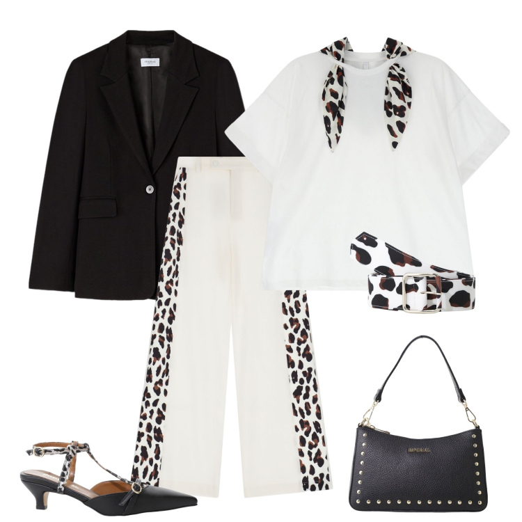 Outfit donna - Total look #2129409. Stile Casual chic per Ufficio. Abbinamento con pantaloni a palazzo, cinture, décolleté, t-shirt, borse a spalla, blazer.