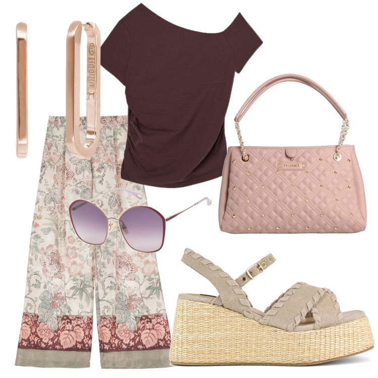 Outfit donna - Total look #2129411. per Tutti i giorni. Abbinamento con borse a mano, occhiali da sole, orecchini, pantaloni, zeppe, t-shirt.