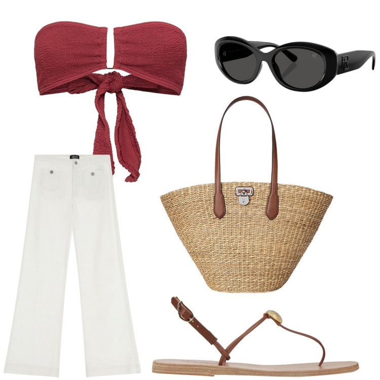 Outfit donna - Profumo di mare. Stile Minimal per Mare. Abbinamento con infradito, pantaloni a palazzo, occhiali da sole, borse tote, bikini.