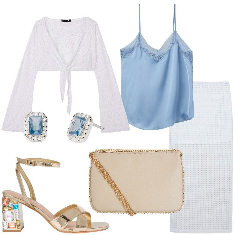 Outfit donna - Terranova - Occasioni Speciali. Stile Glamour per Serata fuori. Abbinamento con gonne lunghe, borse a tracolla, sandali gioiello, top, bolero, orecchini.